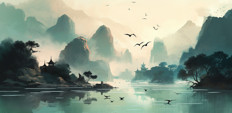 江南湖景手绘新中式意境山水画插画背景,插画/手绘图,插画/手绘图库,插画/手绘图下载,插画/手绘